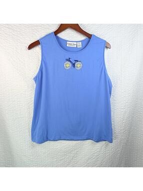 Vintage Tank Top Womens Size L Blue Embroidered Bicycle Flower Wheels Whimsical